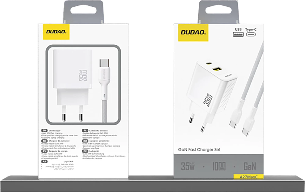 Stenski polnilec 35 W GaN, 2 vrata USB-C + USB-A, PD, EU vtič, brez kabla, bel — Dudao A27 Max