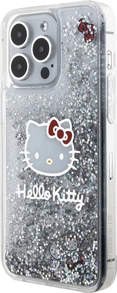 Ovitek za telefon z glavo Hello Kitty in tekočimi bleščicami za iPhone 15 Pro Max, srebrn