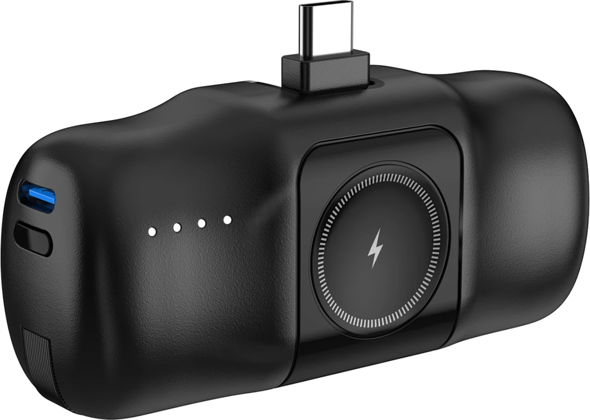 Prenosna baterija Wozinsky WF16-YCS, 5000 mAh, USB-C, z vgrajenim kablom in polnilcem za Apple Watch, črna