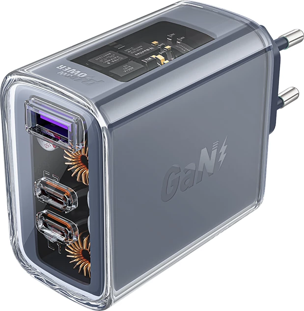 Stenski polnilec GaN, 65 W, 3 vrata (2x USB-C, 1x USB-A) Acefast A45, siv