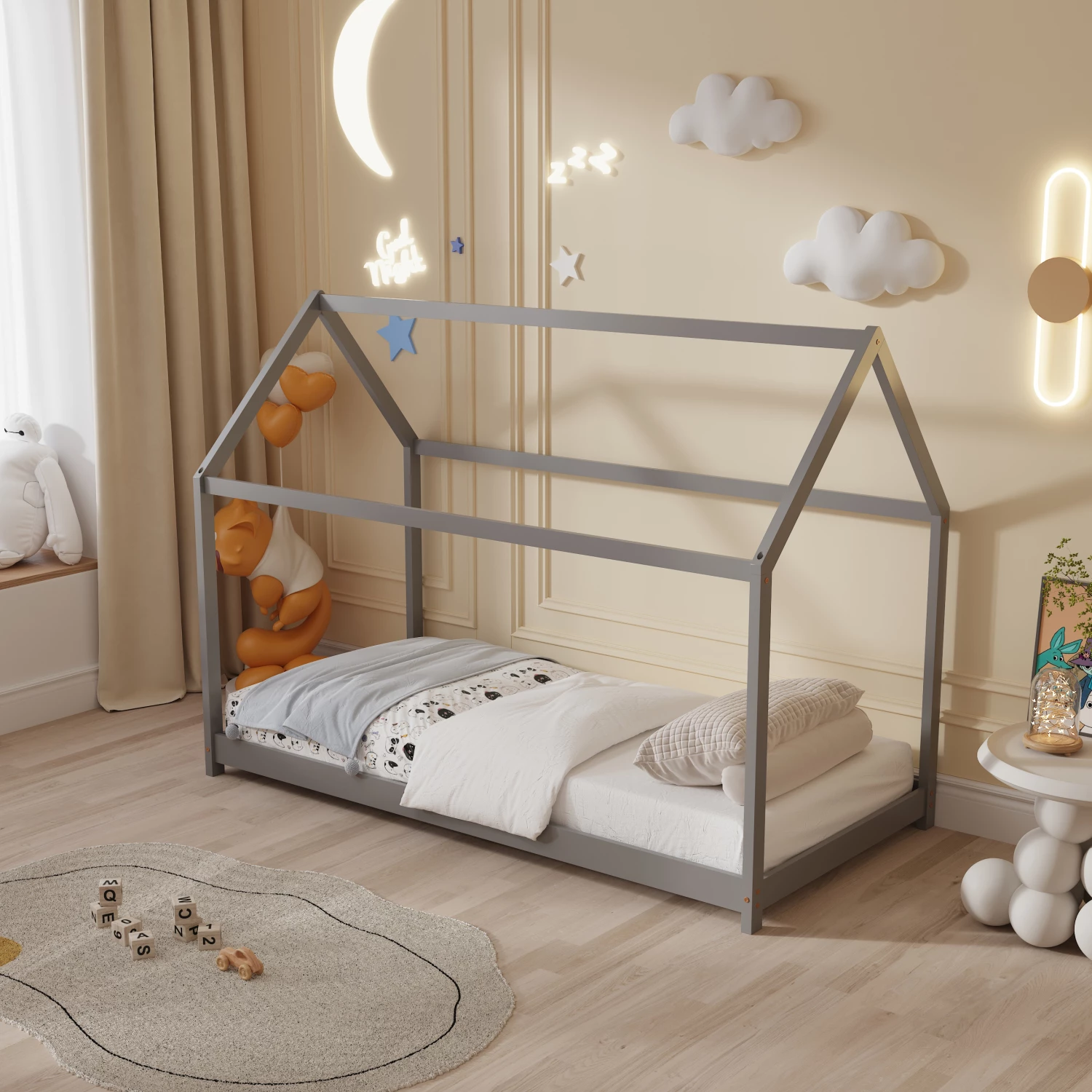 Postelja za otroke PEPE FH678.05 t.MONTESSORI iz masivnega borovega lesa v sivi barvi - 140x70cm