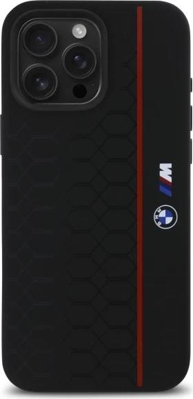 Silikonski ovitek za iPhone 16 Pro Max, šestkotni z rdečo črto, združljiv z MagSafe — BMW, črn