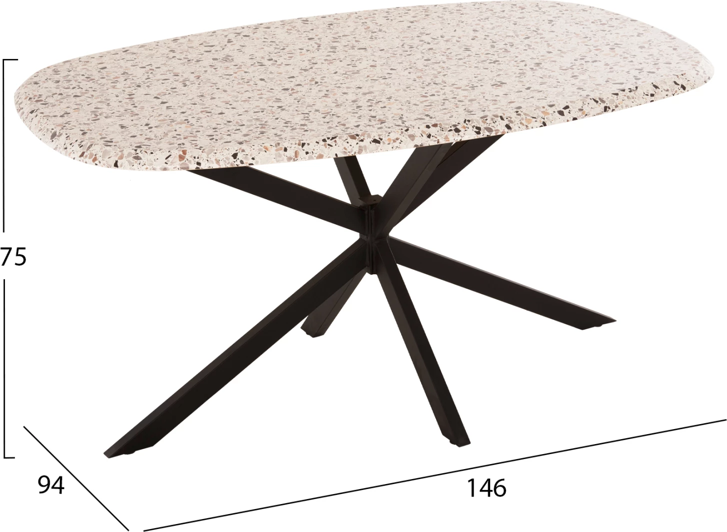 Ovalna jedilna miza RODDEN FH11903.03 Werzalit namizna plošča v barvi teraco - črna kovinska osnova 146x94x75H cm