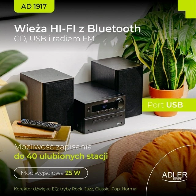 Mini stolp HI-FI z Bluetooth, CD, USB, FM radio, Adler AD 1917, črn