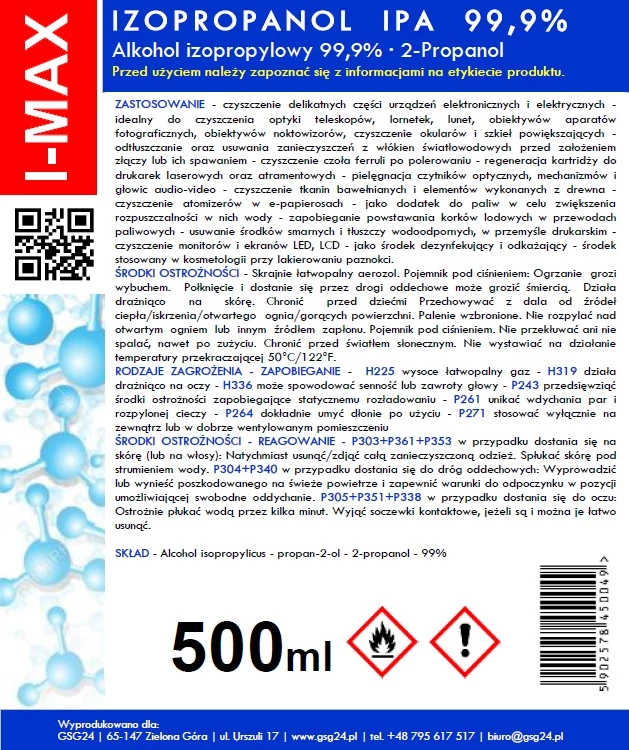 Sprej izopropanola 99,9 %, 500 ml, GSG24 IPA I-MAX