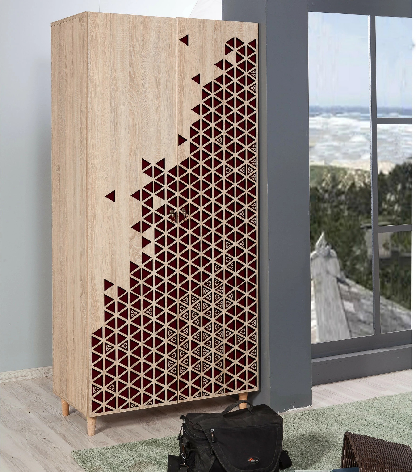 Modernden omara Sonoma oak, lesene noge, kovinski ročaji in vrvica, Stil - 122, Skye Decor, 90x192x52cm