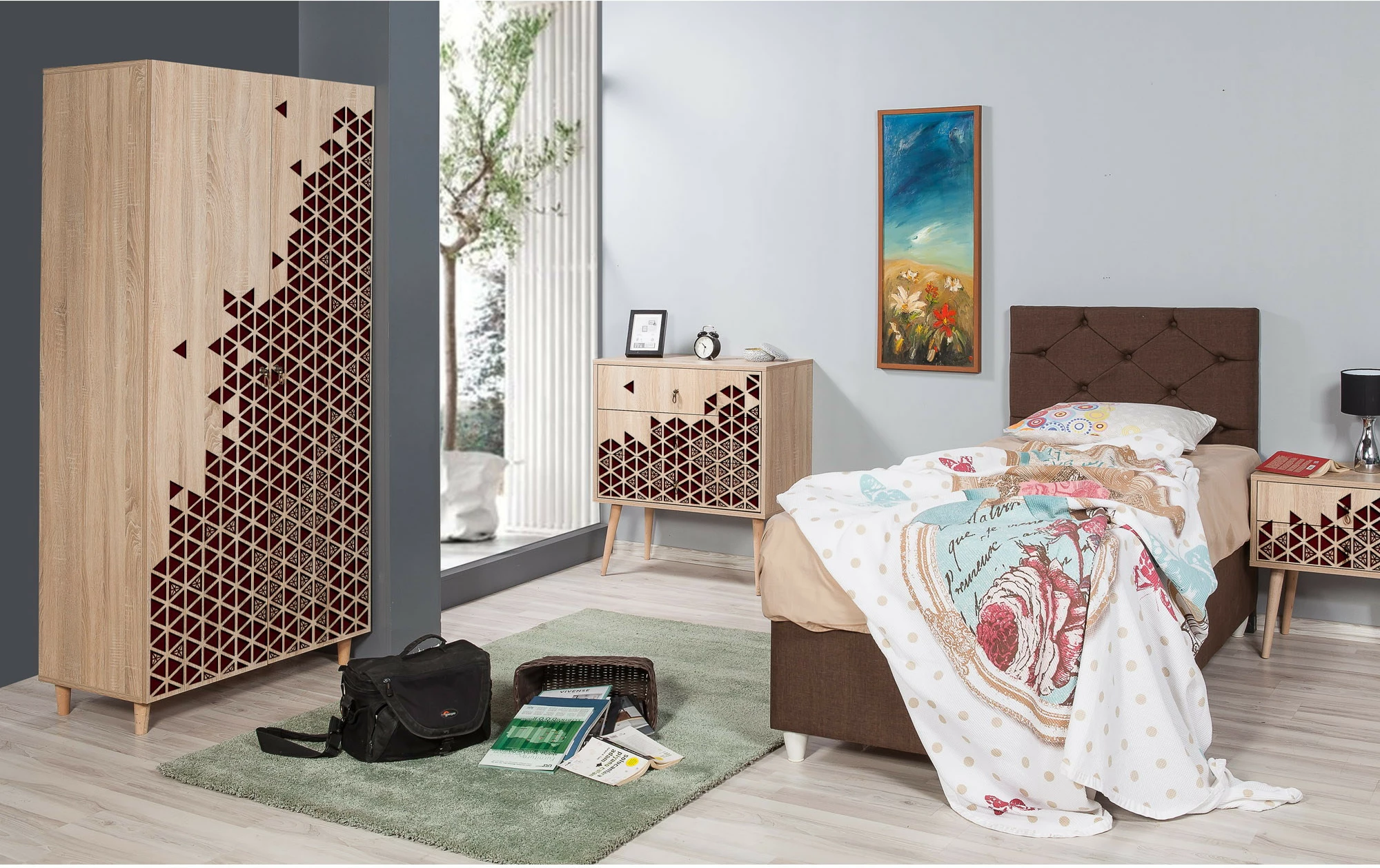 Modernden omara Sonoma oak, lesene noge, kovinski ročaji in vrvica, Stil - 122, Skye Decor, 90x192x52cm