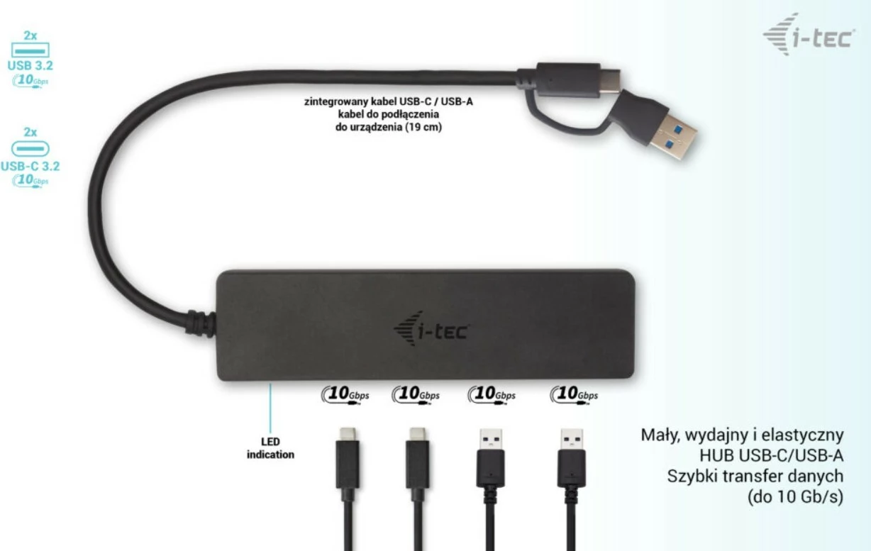 USB razdelilec i-tec C31HUBMETAL2A2C, 2x USB 3.0, 2x USB-C, 10 Gbps, kovinski, črn