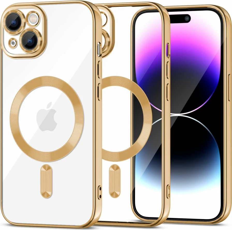 Prozoren ovitek za iPhone 15 Tech-Protect MagShine Line, prozoren/ zlata