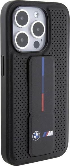 Zaščitni ovitek BMW Grip Stand Smooth & Perforated za iPhone 15 Pro Max, črn