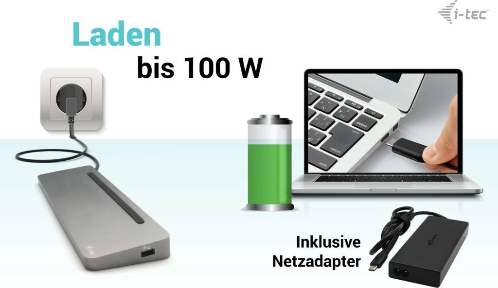 Dokovska postaja USB-C I-Tec, metalna ergonomska, 3x 4K, 100W, z univerzalnim polnilnikom, srebrna