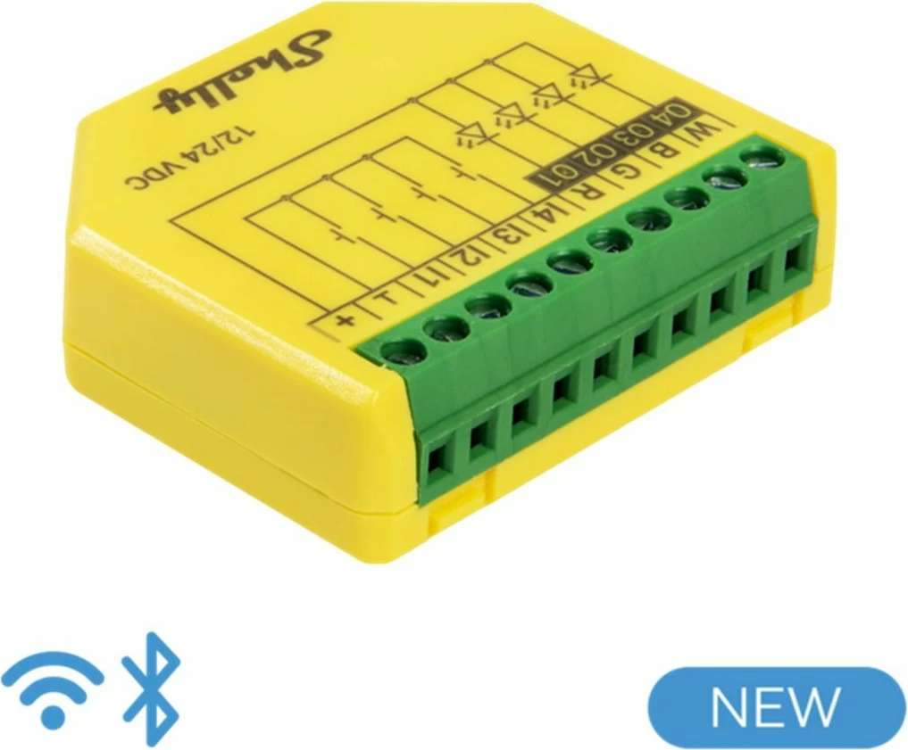 Kontroler RGBW Shelly Plus, brezžični, Wi‑Fi, 4 kanali, zelen, rumen