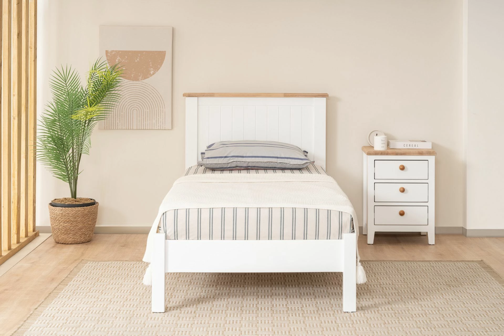 Enojna postelja, modern country stil, bela in hrast, 90x190 cm, Blink