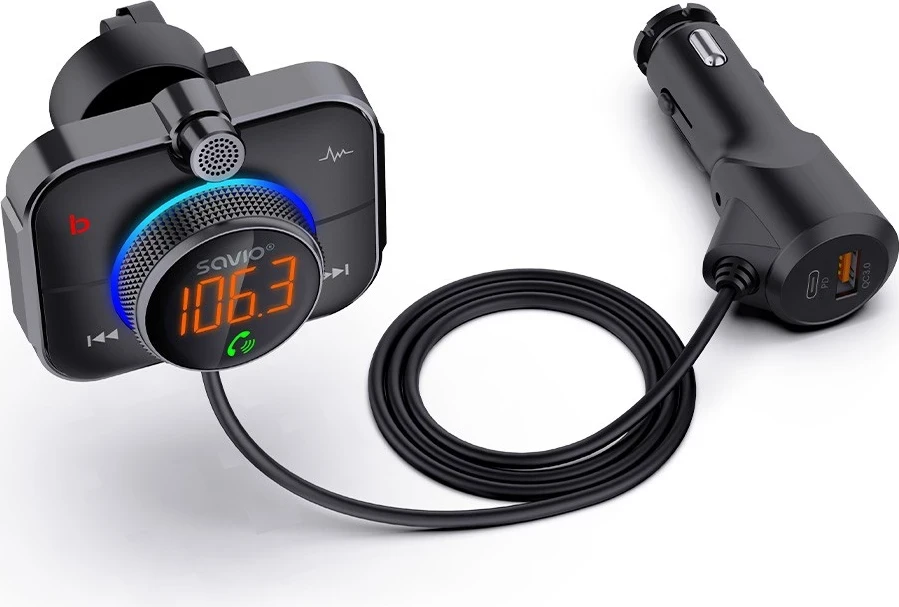 FM oddajnik s Bluetooth in PD polnilcem Savio TR-14, črn