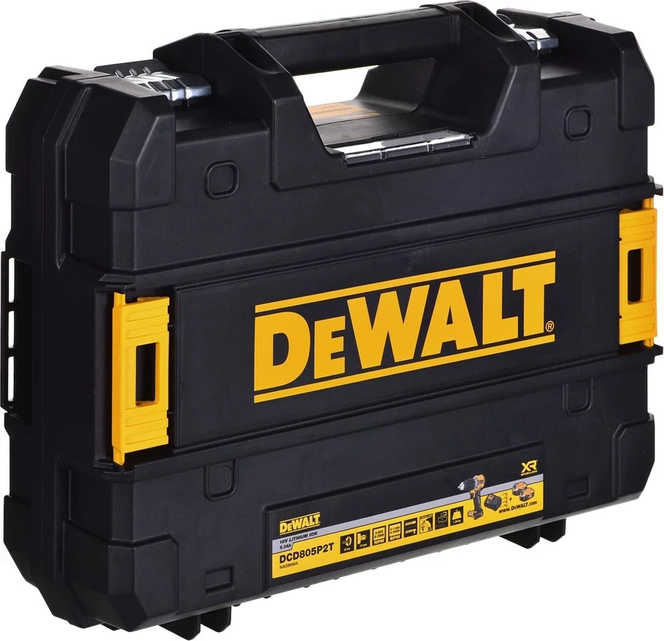 Kompakten akumulatorski vrtalnik-izvijač 18V DeWalt DCD805P2T, 2x5.0Ah, TSTAK, rumen