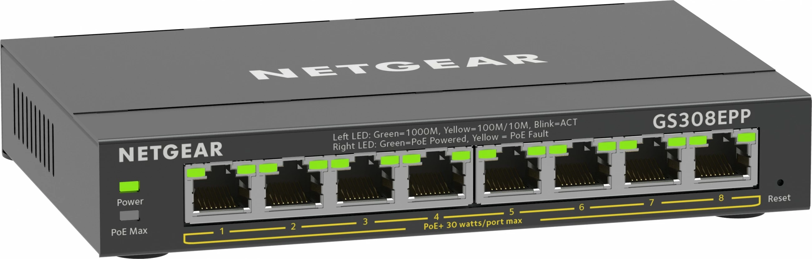 Upravljan 8-portni Gigabit Ethernet PoE+ stikalo NETGEAR GS308EPP, črno