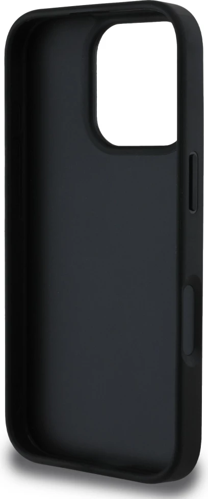 Ovitek Hot Stamp 4G z vzorcem trikotnika in metalnim logotipom Guess za iPhone 16 Pro, črn