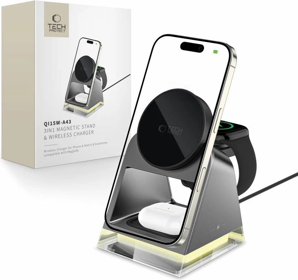 Brezžični polnilec 3-v-1 z MagSafe Tech-Protect QI15W-A43, za Apple, črn