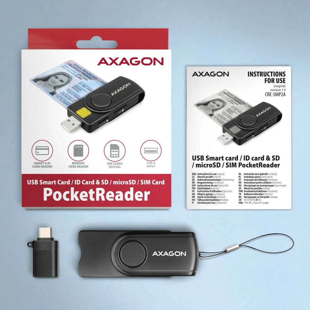Večfunkcijski bralnik kartic AXAGON CRE-SMP2A, USB 2.0, SD/microSD/SIM/ID, črn
