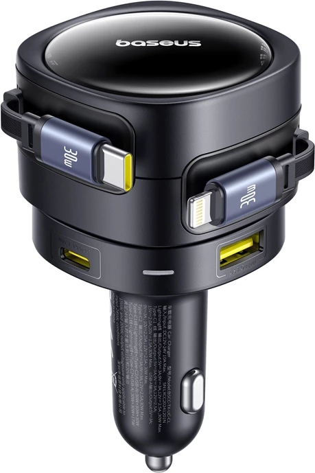 Avtomobilski polnilec Baseus Enjoyment Max, 90W, 2 vgrajena kabla USB-C + Lightning, 2 vrata USB-A + USB-C, črn