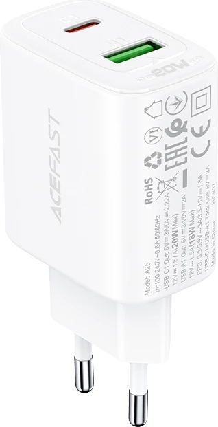 Hitro polnjenje Acefast A25, 20W, USB-C/USB-A, bel
