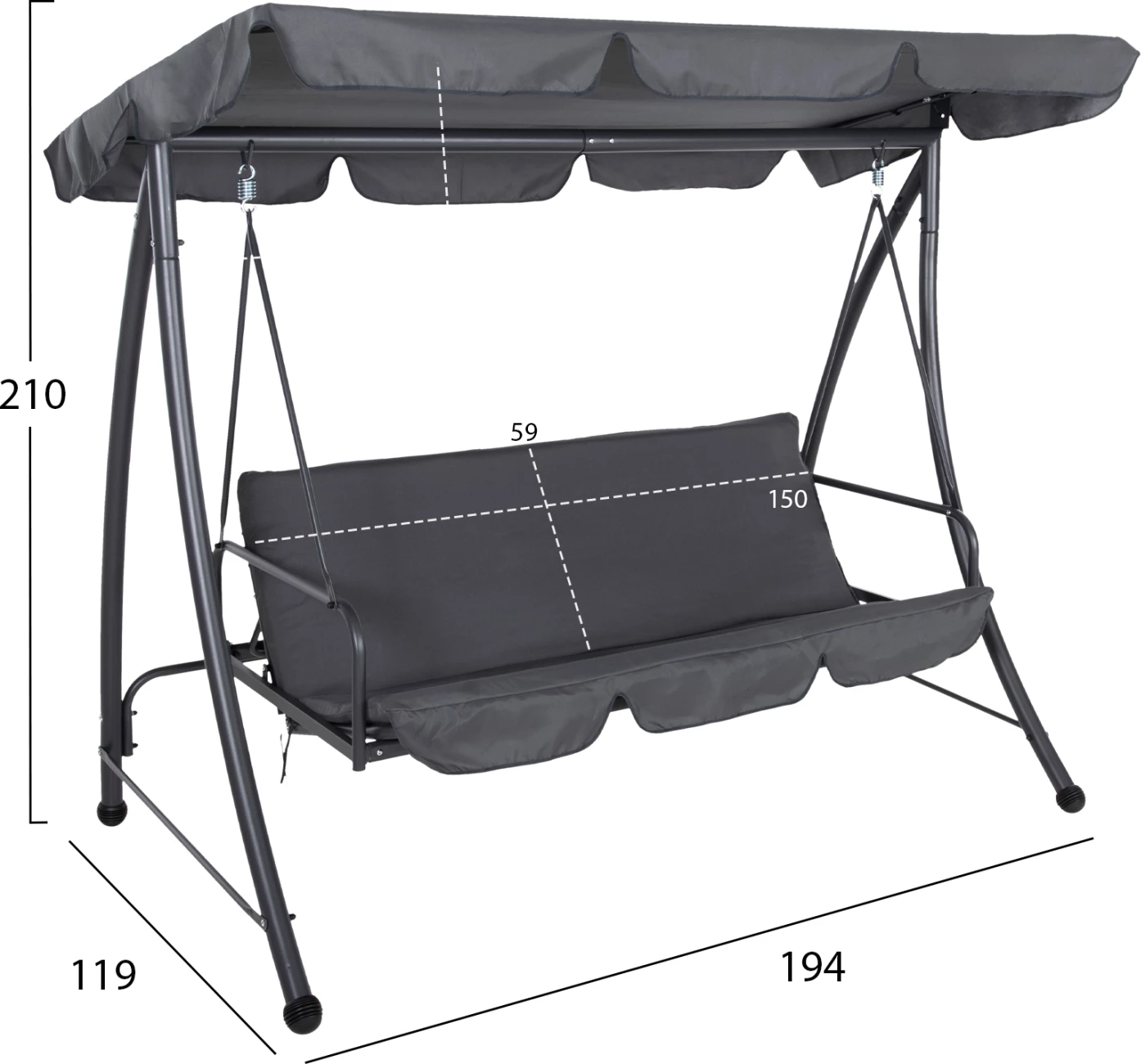 Gugalnica-postelja za verando s senčnikom, 3-sedežna LIKID FH5980.01 kovinski okvir in tkanina v sivi barvi 200x120x164H cm