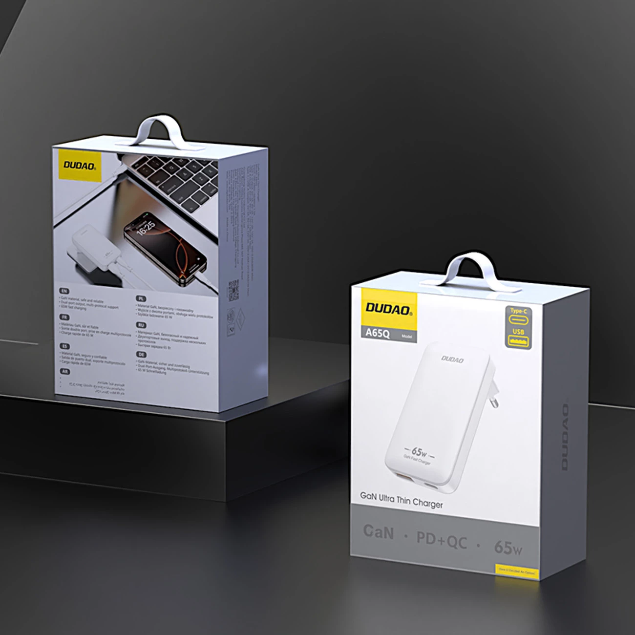 Stenski polnilnik Dudao A65Q, 65 W, GaN, USB-C/USB-A, bel