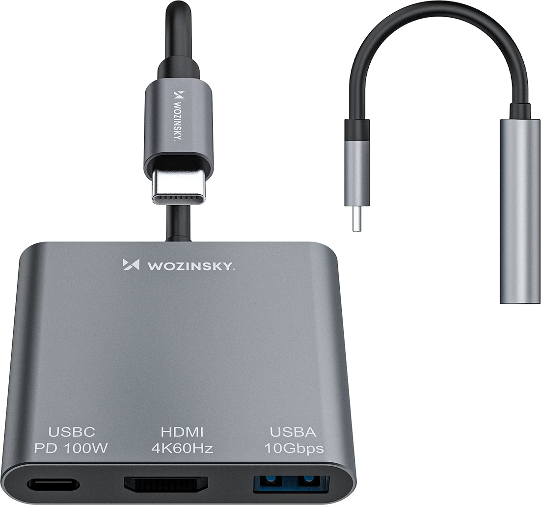 USB-C hub PD 100W, HDMI 4K@30Hz, USB-A 10Gbps — Wozinsky WHCH-01, siv