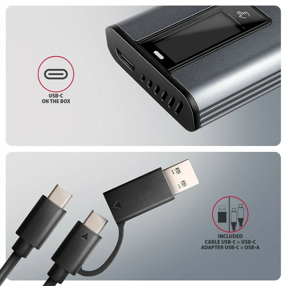 Zunanje računalniško ohišje za SSD AXAGON EEM2-SD2, M.2 NVMe/SATA, USB-A/C 3.2 Gen2, LCD zaslon, sivo