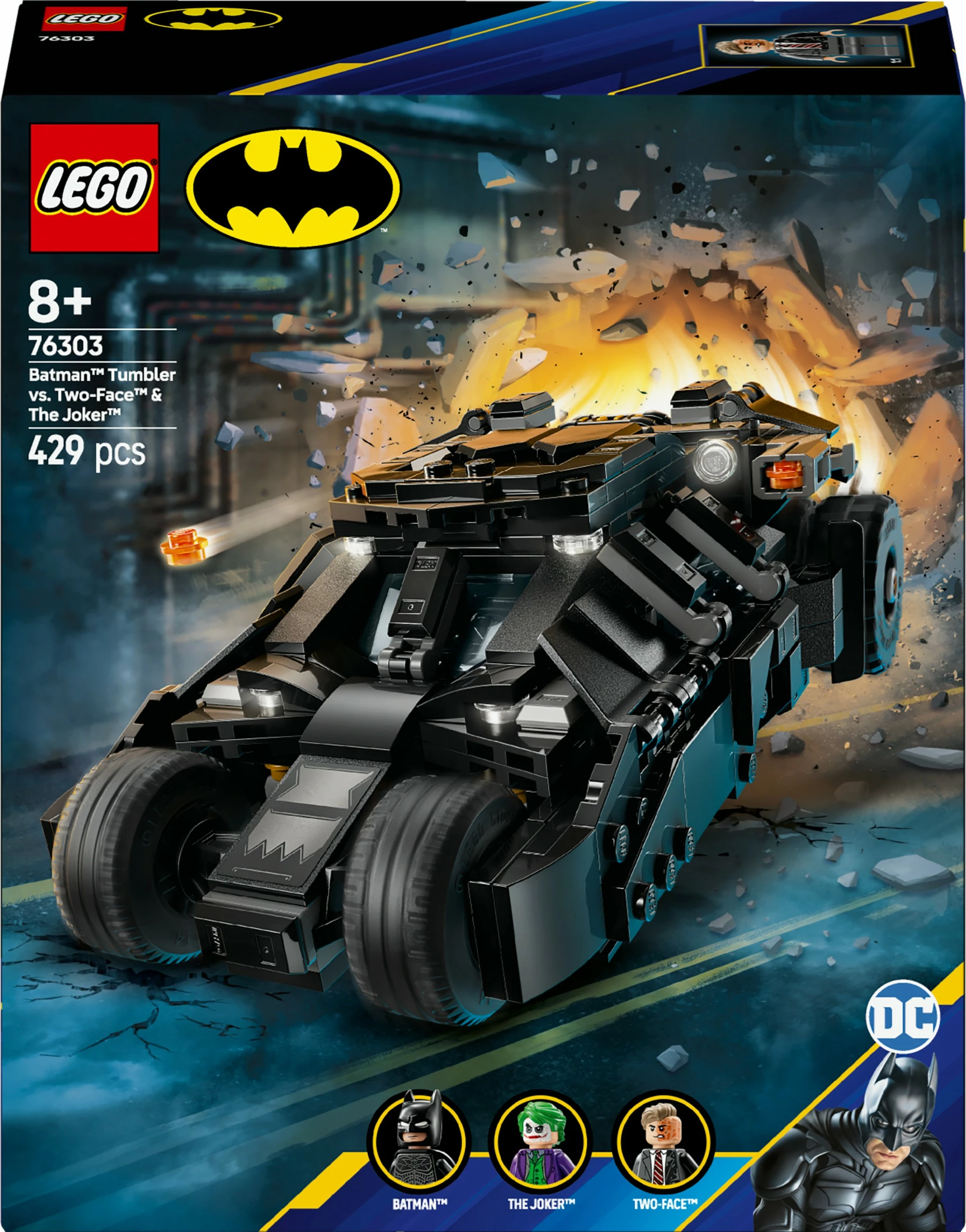 Gradbeni set LEGO DC Super Heroes 76303 Batman Tumbler proti Two-Face & Joker, 429 kosov, večbarven