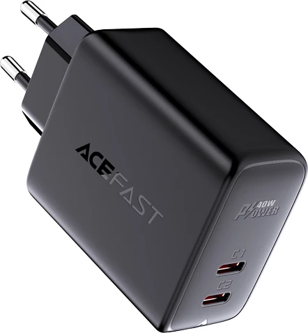Stenski hitri polnilec, 2x USB-C, 40W, črn, Acefast A9