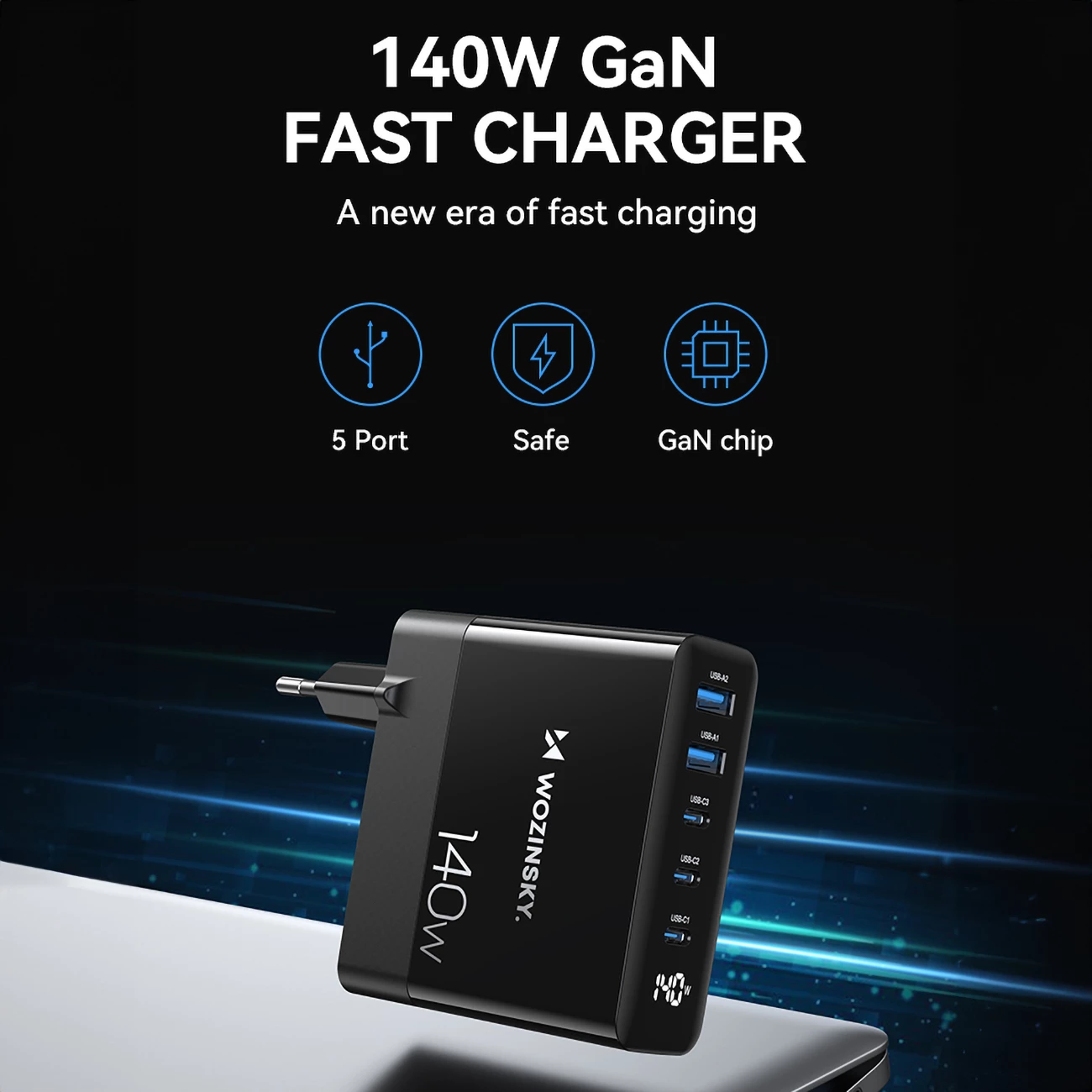Stenski polnilec 140W, 3x USB-C, 2x USB-A, črn, Wozinsky CGWCB