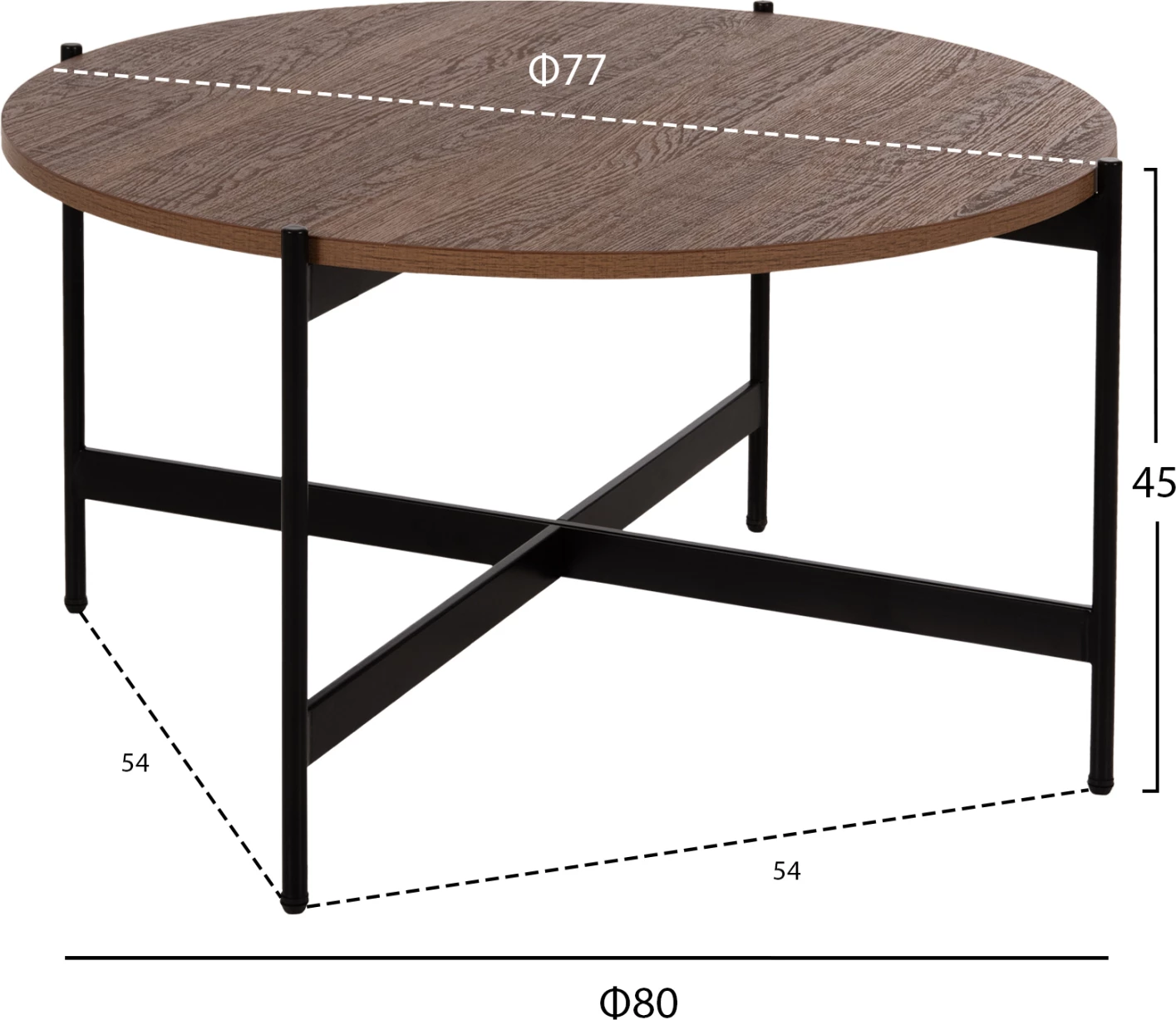 Klubska miza FH9588.04 MDF bela orehova mizna plošča-črna kovinska osnova Φ80x45Hcm