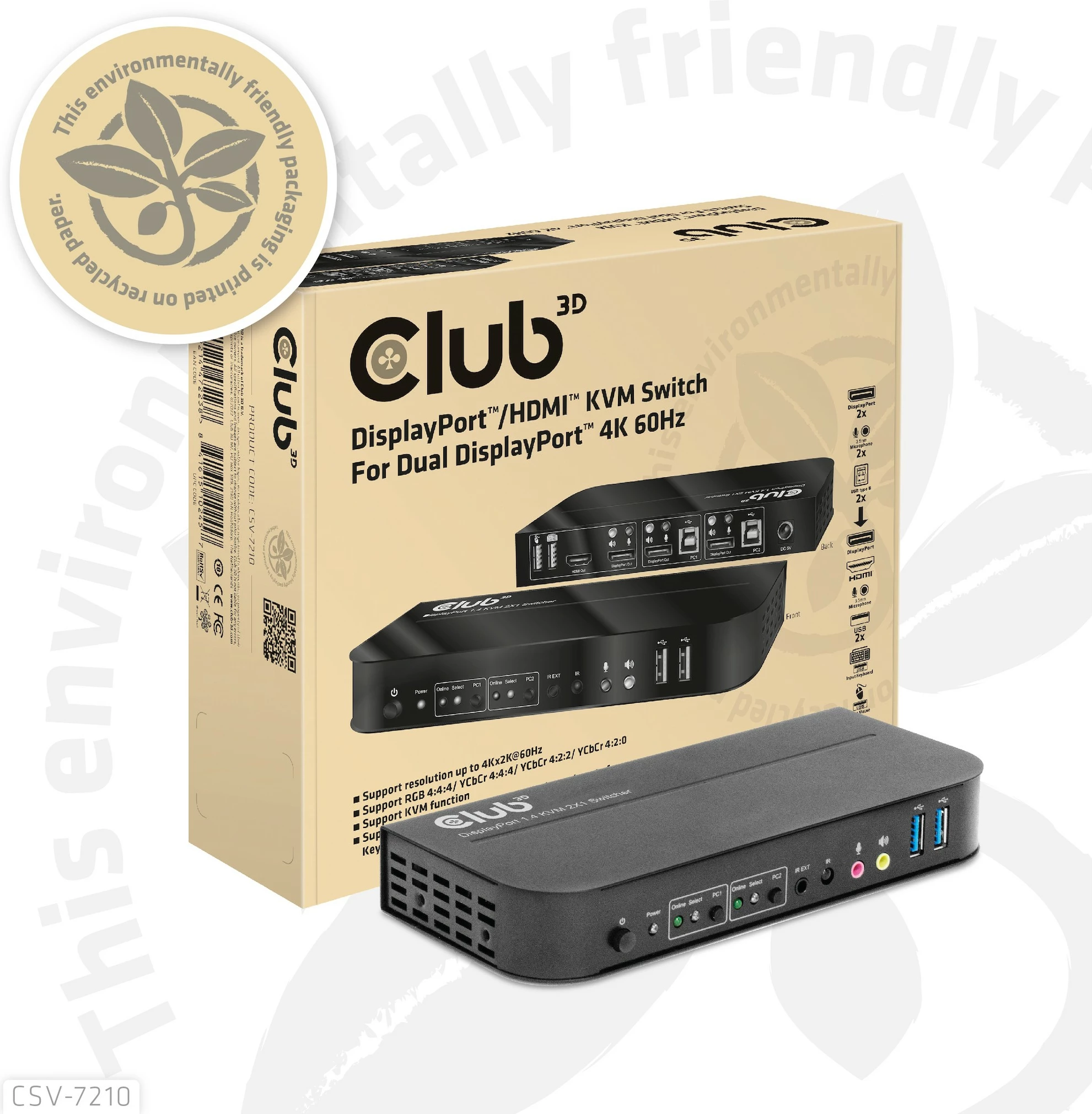 KVM preklopnik za 2 računalnika Club3D CSV-7210, 2x DisplayPort, 1x HDMI, 2x USB, 4K60Hz, črn
