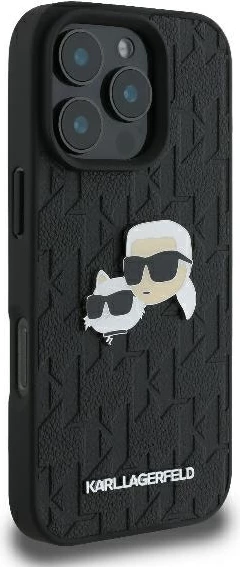 Ovitek za telefon Monogram Karl & Choupette Head Pin, Karl Lagerfeld, za iPhone 16 Pro, črn