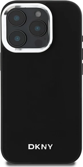 Ovitek za telefon MagSafe s srebrnim logotipom DKNY za iPhone 16 Pro, črn