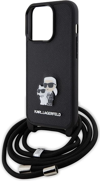 Ovitek za telefon Crossbody Saffiano z metalnim znakom Karl & Choupette za iPhone 15 Pro, črn Karl Lagerfeld