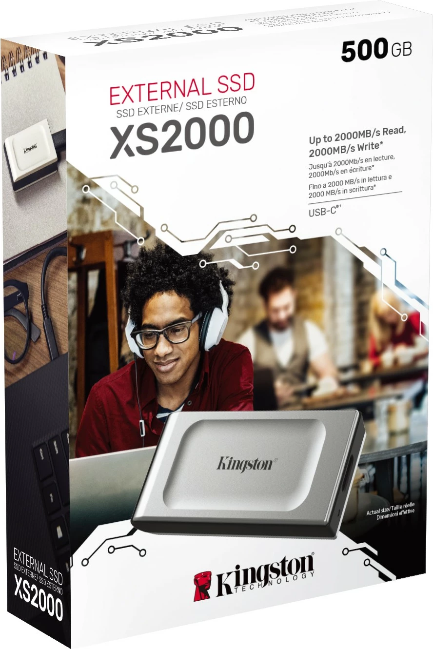 Prenosni SSD 500 GB USB Type-C 3.2 Gen 2, Kingston XS2000, 2000 MB/s, črn, srebrn