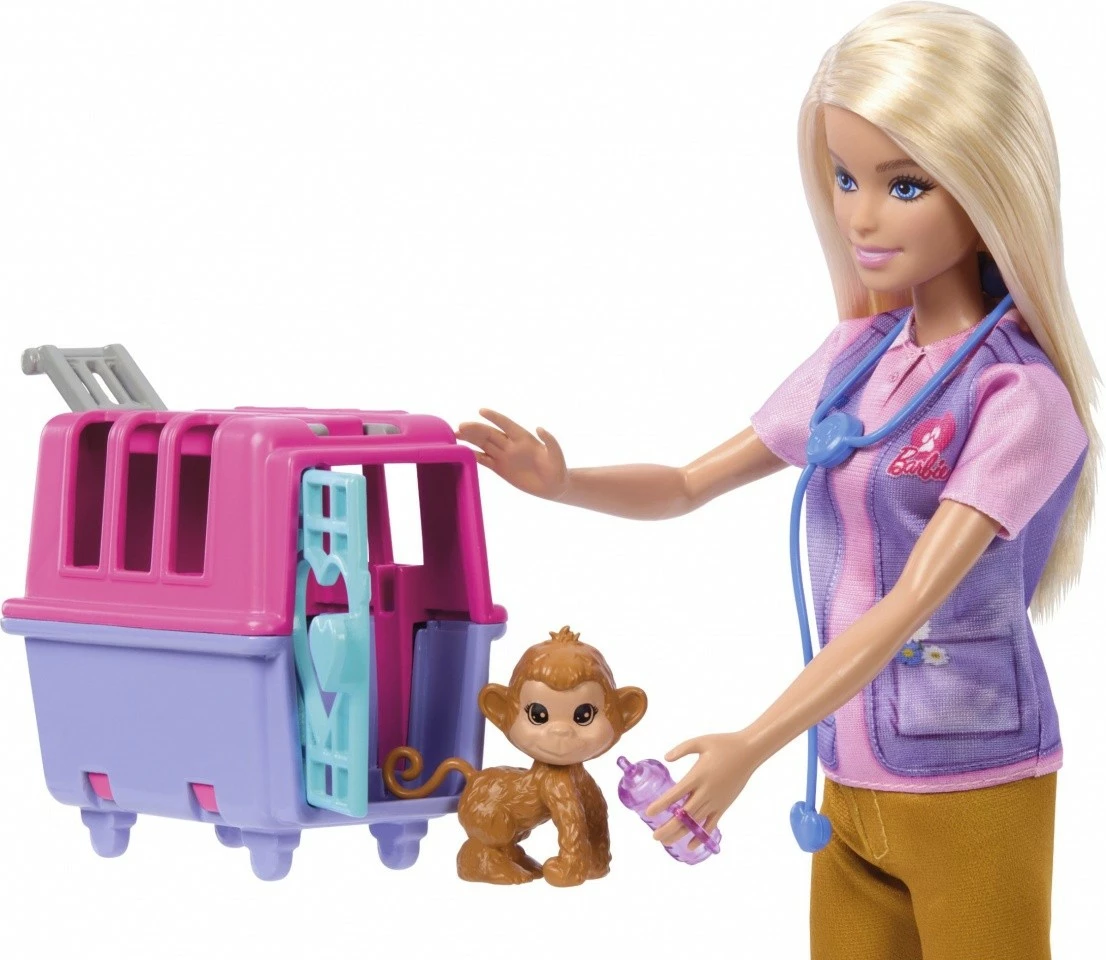Set za reševanje živali z lutko, opico, tigerjim mladičem in dodatki, Barbie Mattel HRG50, za otroke