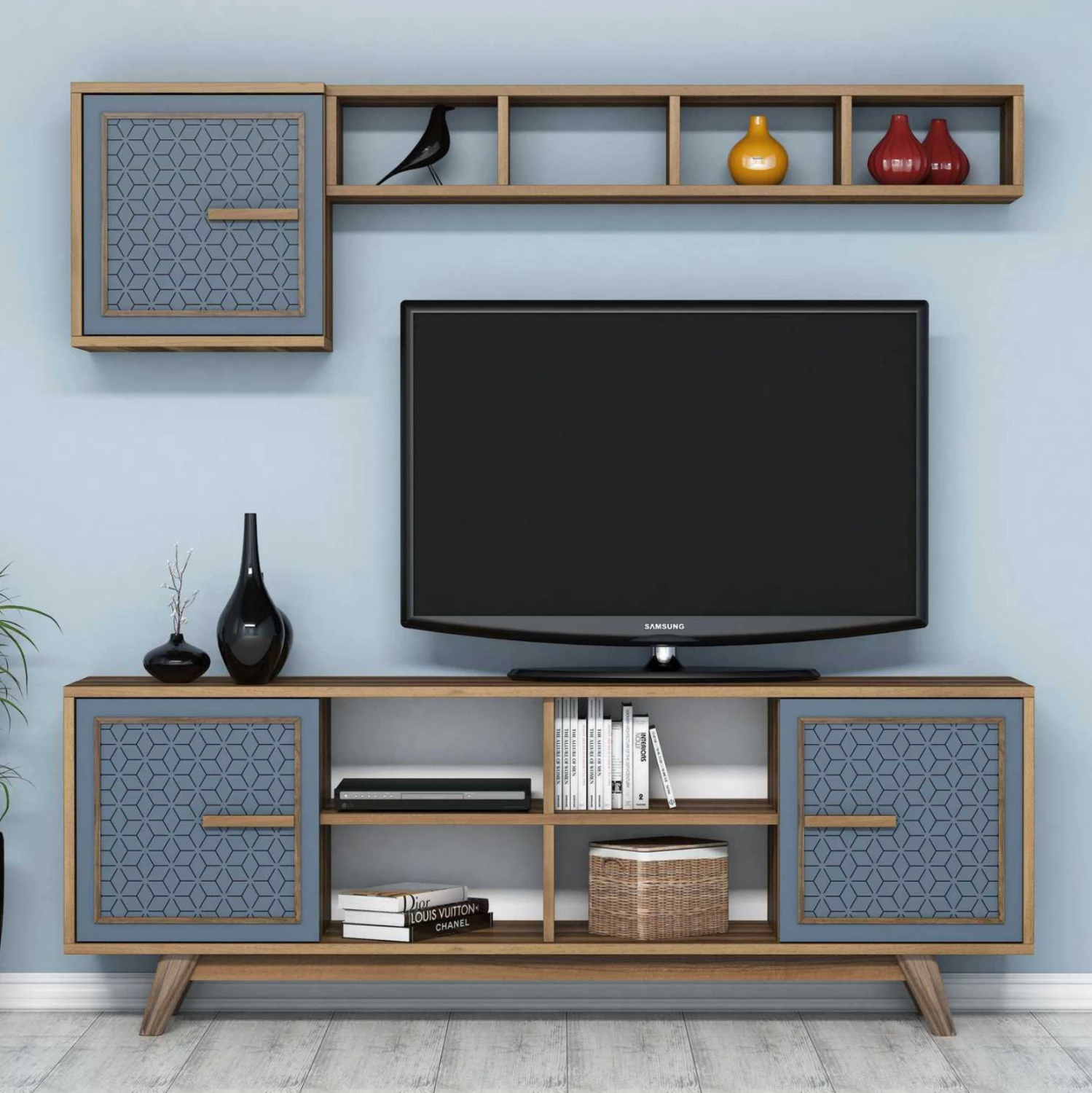 Komplet pohištva za TV FH9513.02 iz melamina v barvi oreha in modri barvi 160x35x56.2Hcm