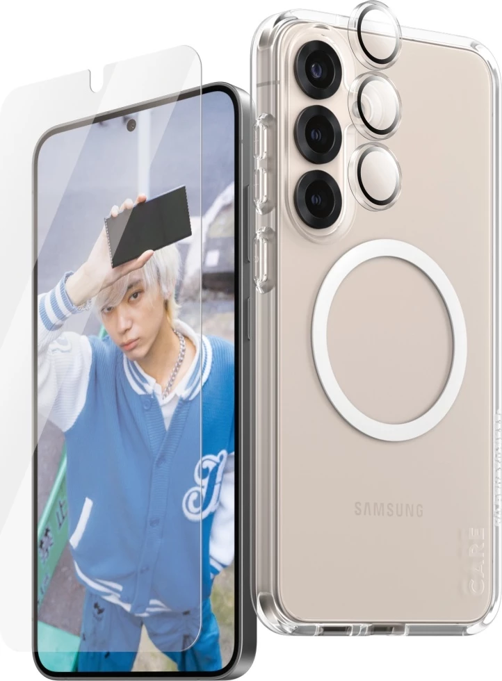 Ovitek za telefon z zaščitnim steklom in zaščito leče, PanzerGlass CARE Flagship 3in1 za Samsung Galaxy S25+, prozoren