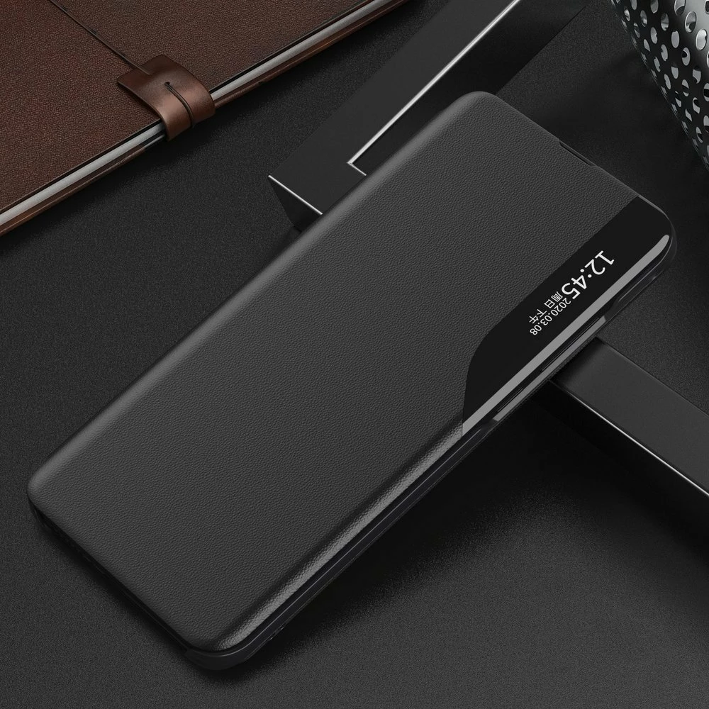 Ovitek za Samsung Galaxy A02s EU, Hurtel Eco Leather View Case, s pokrovom in stojalom, črn