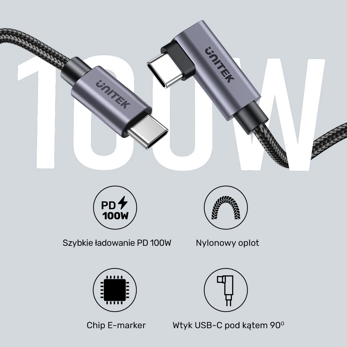 Kabel USB-C z 90° kotom PD 100W 0,5 m, črno-siv - Unitek