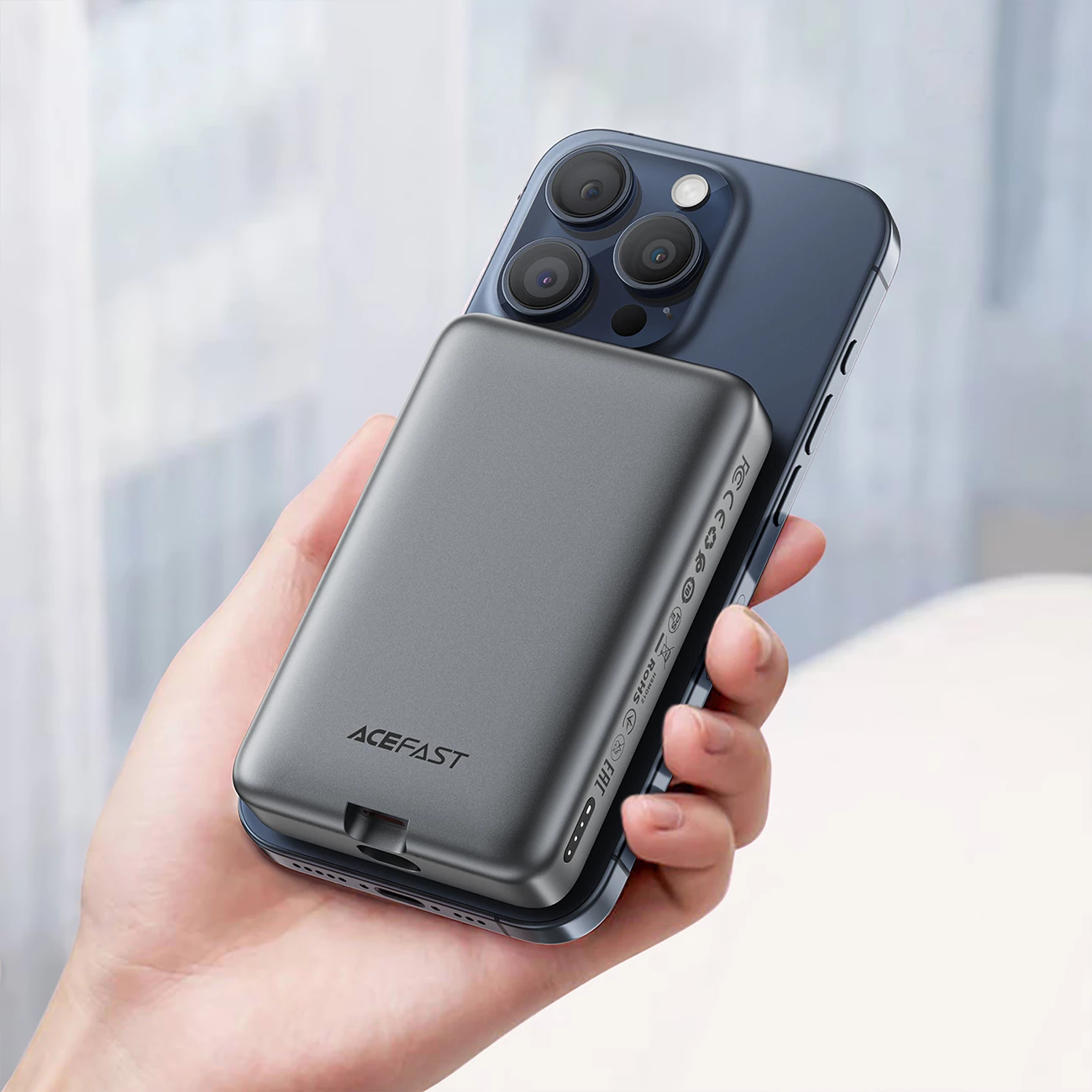 Powerbank Acefast M10, 10.000 mAh, 2x USB-C PD 30W, brezžično polnjenje 15W, s kablom, črn