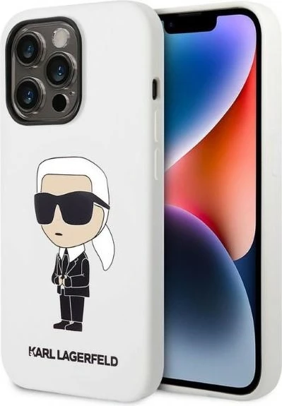 Silikonski ovitek Ikonik Karl Lagerfeld za iPhone 14 Pro 6,1", bel