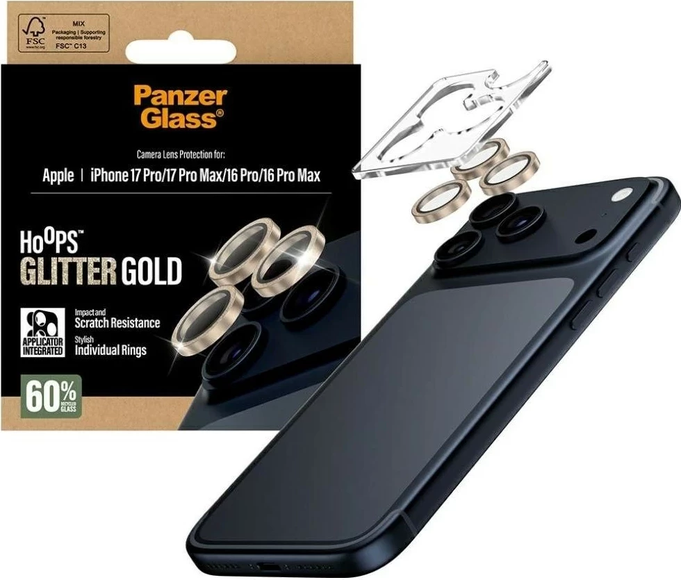 Ovitek za telefon PanzerGlass Hoops Glitter za iPhone 16 Pro/16 Pro Max/17 Pro/17 Pro Max, zlata
