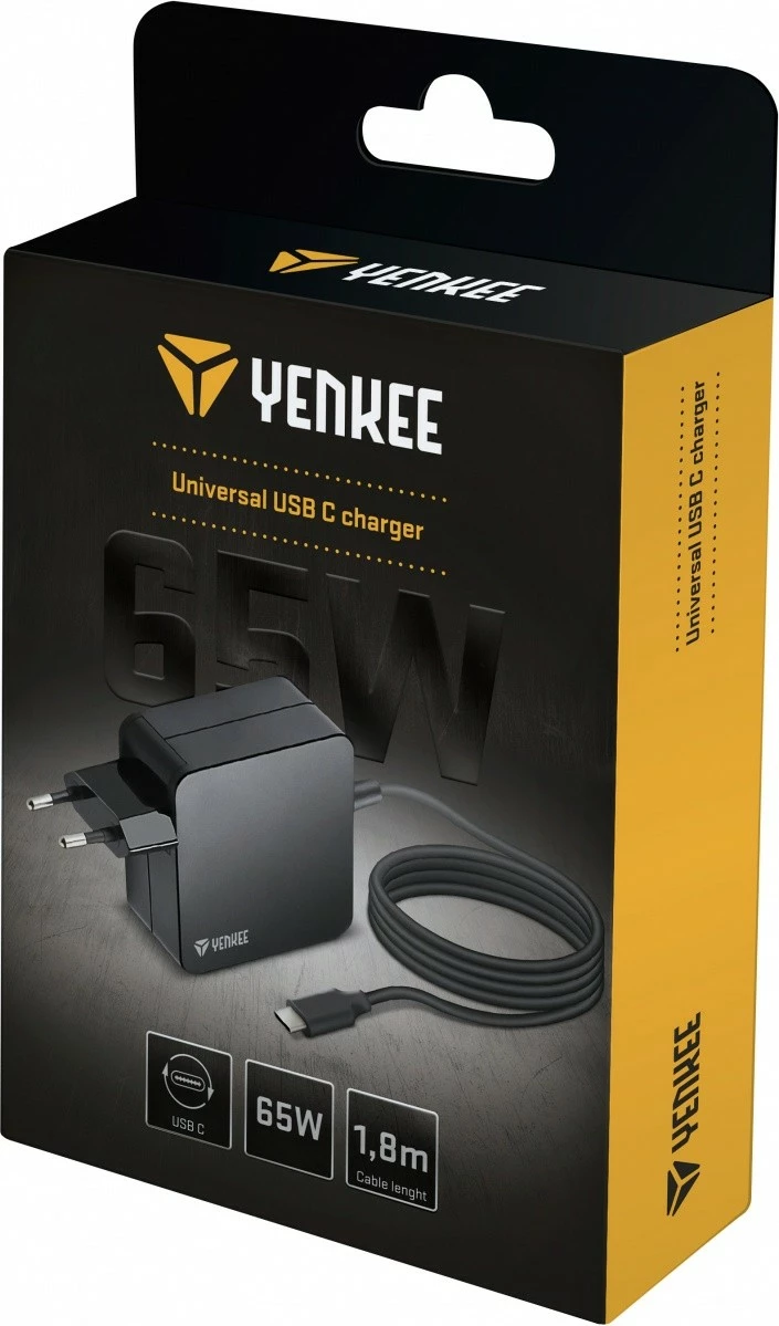 Stenski polnilec YENKEE YAU C65, 65W, USB Type-C, 1,8 m, črn