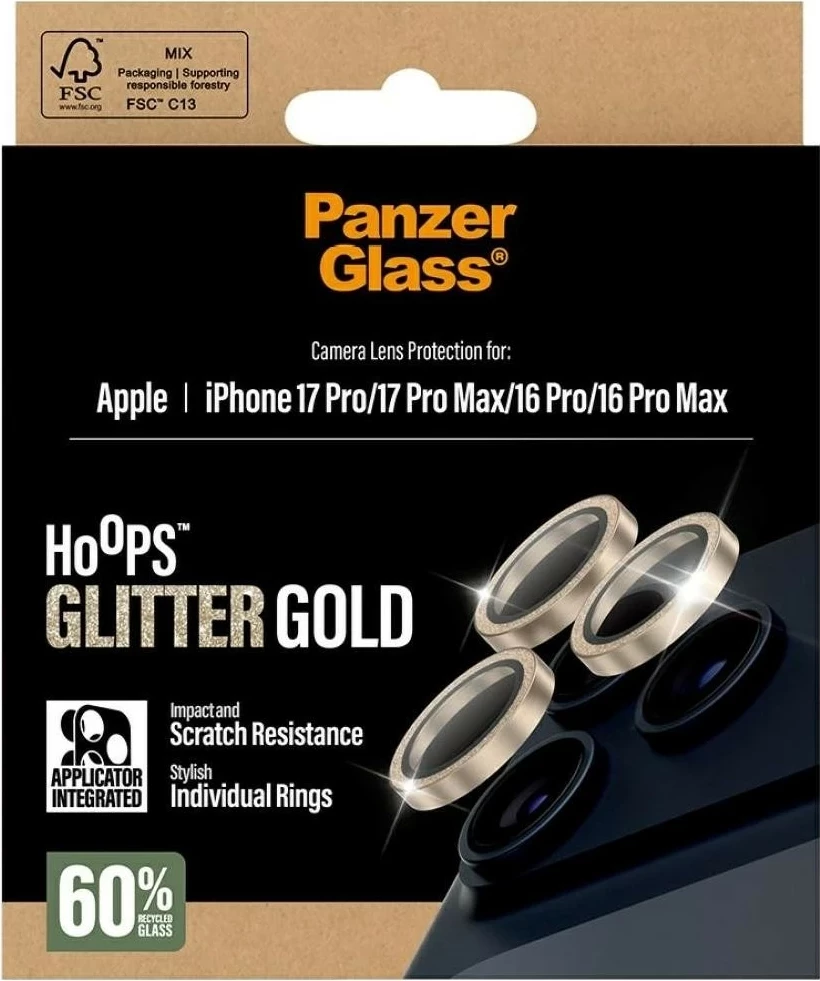 Ovitek za telefon PanzerGlass Hoops Glitter za iPhone 16 Pro/16 Pro Max/17 Pro/17 Pro Max, zlata