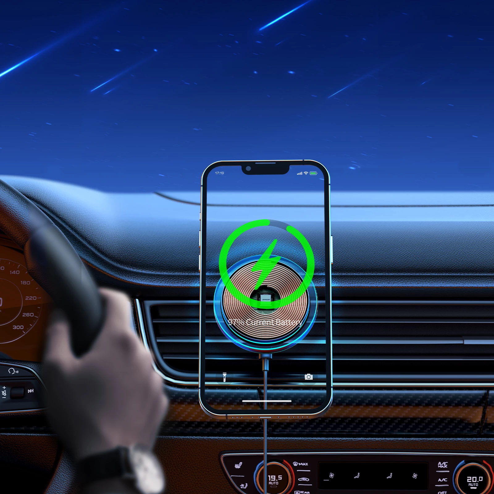 Avtomobilski nosilec z brezžičnim polnjenjem 15W (MagSafe), Joyroom JR-ZS291, za zračni rešetko, 360° vrtenje, s kablom USB-A na USB-C, srebrn