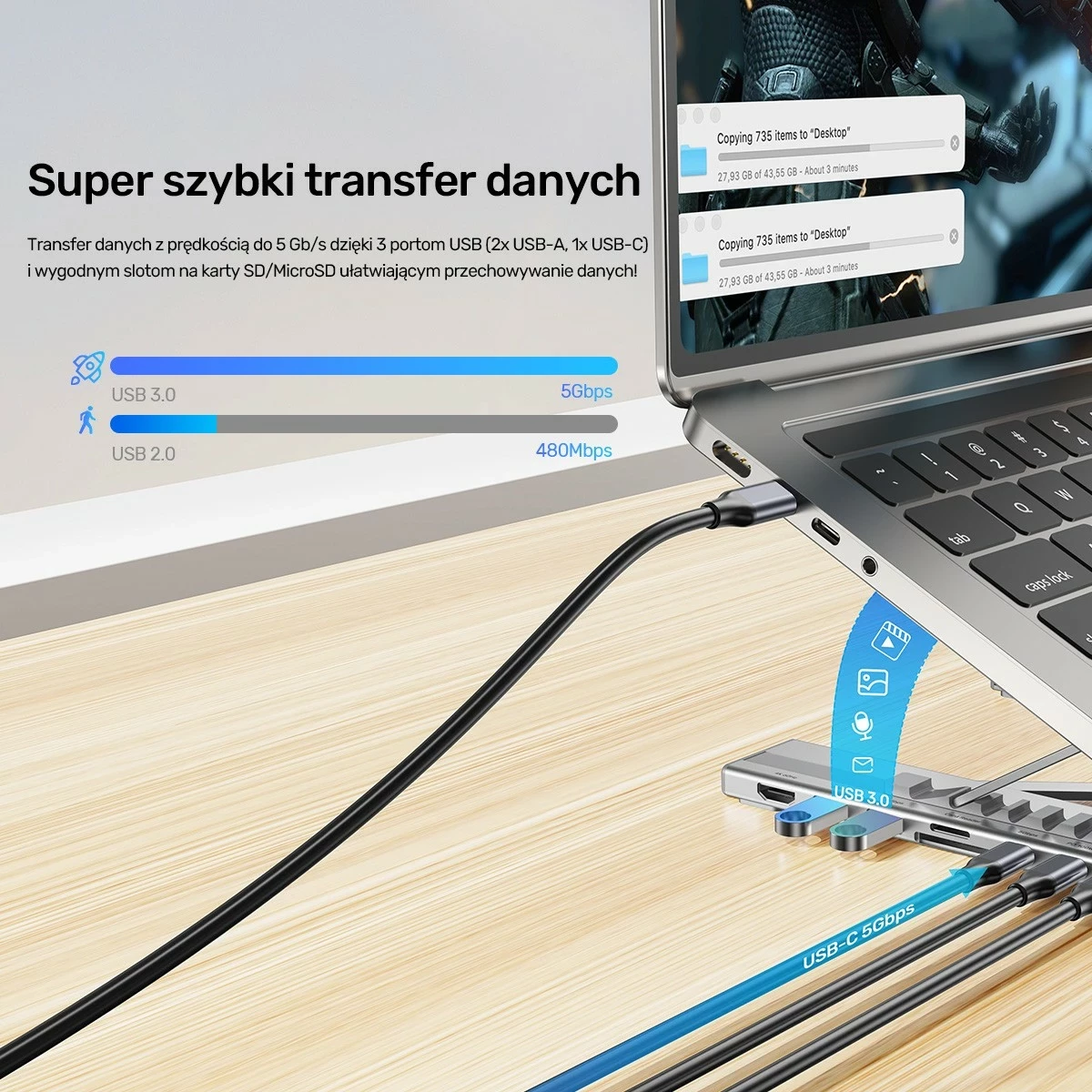 Nastavljivo stojalo za prenosnik z vgrajenim hubom HDMI/PD/SD, Unitek, srebrno